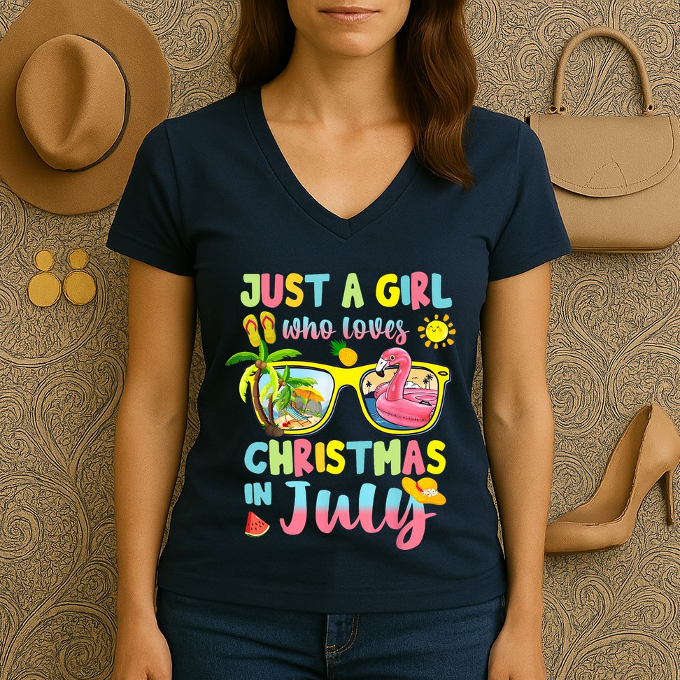 Just A Girl Who Loves Christmas In July Summer Wo Women's V-Neck T-Shirt