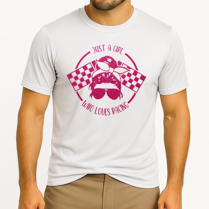Just A Girl Who Loves Racing Race Day Checkered Flags Gift Cooling Performance Crew T-Shirt