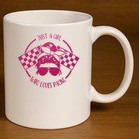 Just A Girl Who Loves Racing Race Day Checkered Flags Gift 11oz C Handle Ceramic Mug
