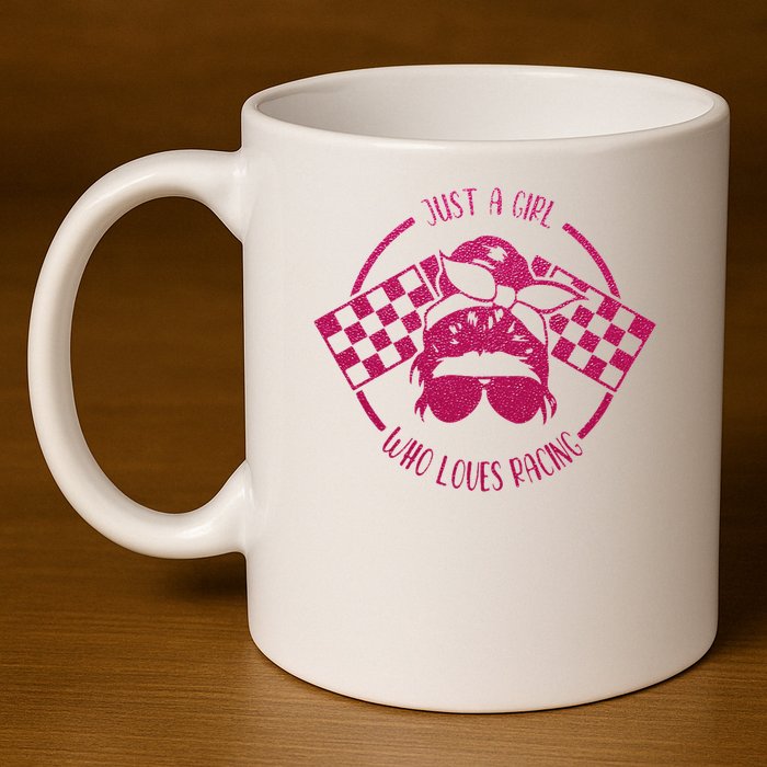 Just A Girl Who Loves Racing Race Day Checkered Flags Gift 11oz C Handle Ceramic Mug