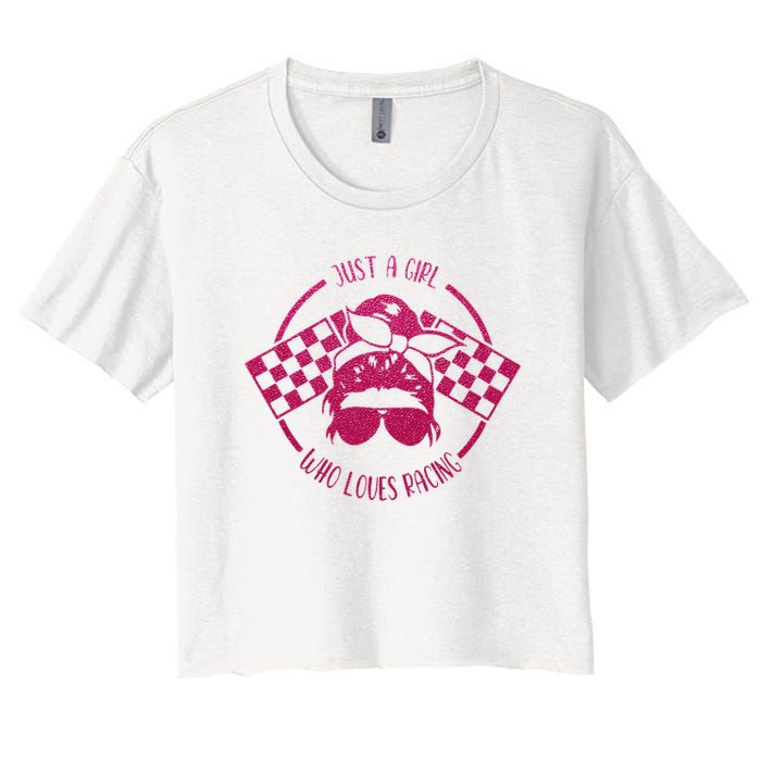 Just A Girl Who Loves Racing Race Day Checkered Flags Gift Women's Crop Top Tee