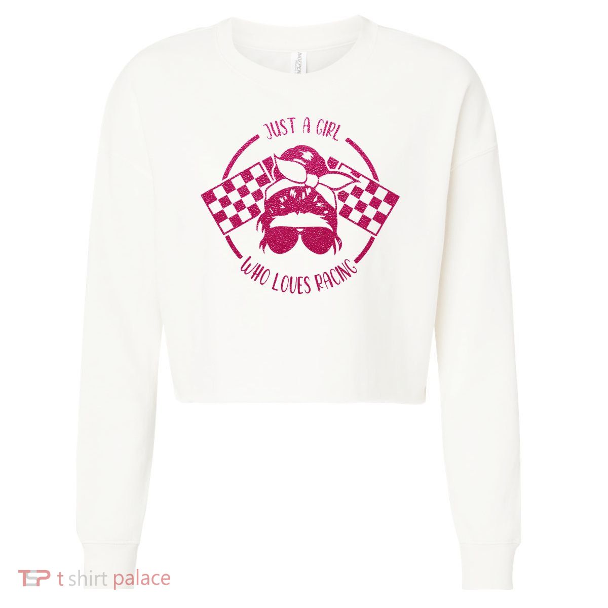 Just A Girl Who Loves Racing Race Day Checkered Flags Gift Cropped Pullover Crew