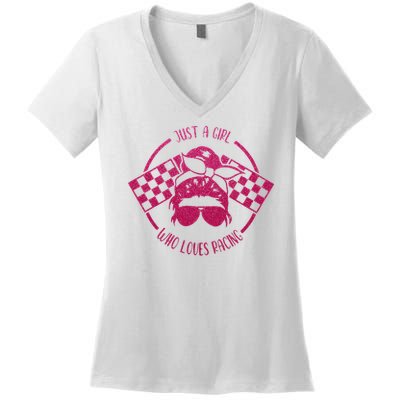 Just A Girl Who Loves Racing Race Day Checkered Flags Gift Women's V-Neck T-Shirt