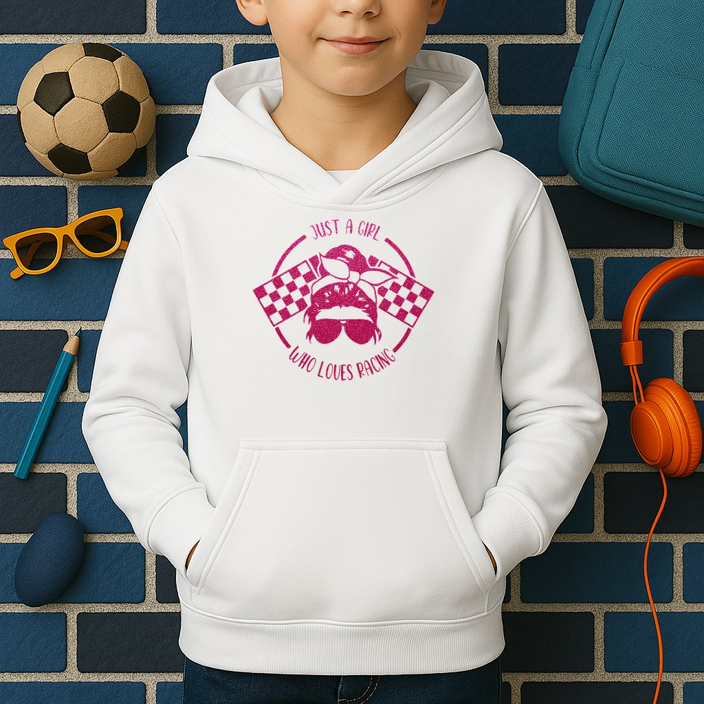 Just A Girl Who Loves Racing Race Day Checkered Flags Gift Kids Hoodie