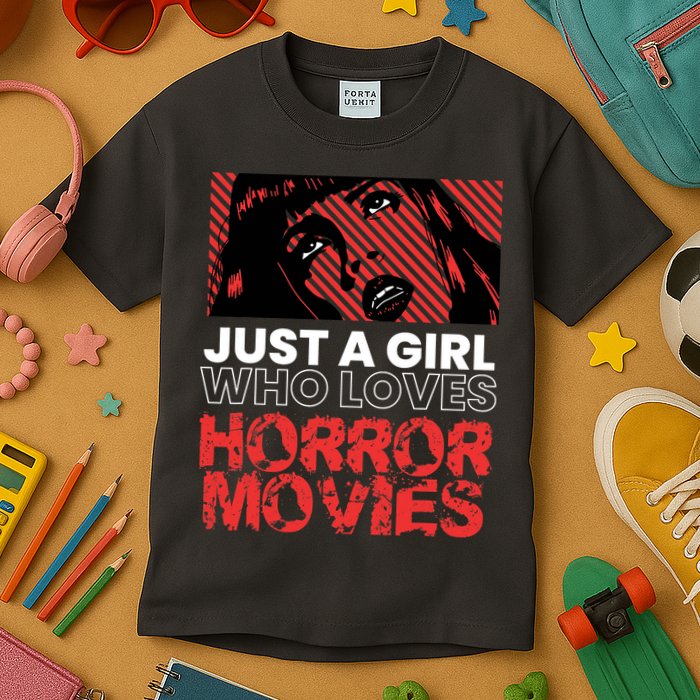 Just A Girl Who Loves Horror Movies Halloween Costume Kids T-Shirt