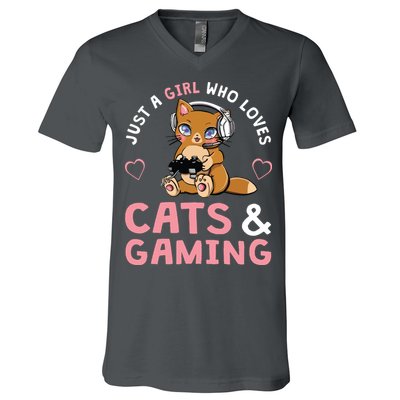 Just A Girl Who Loves Cats And Gaming Cute Gamer Cat V-Neck T-Shirt