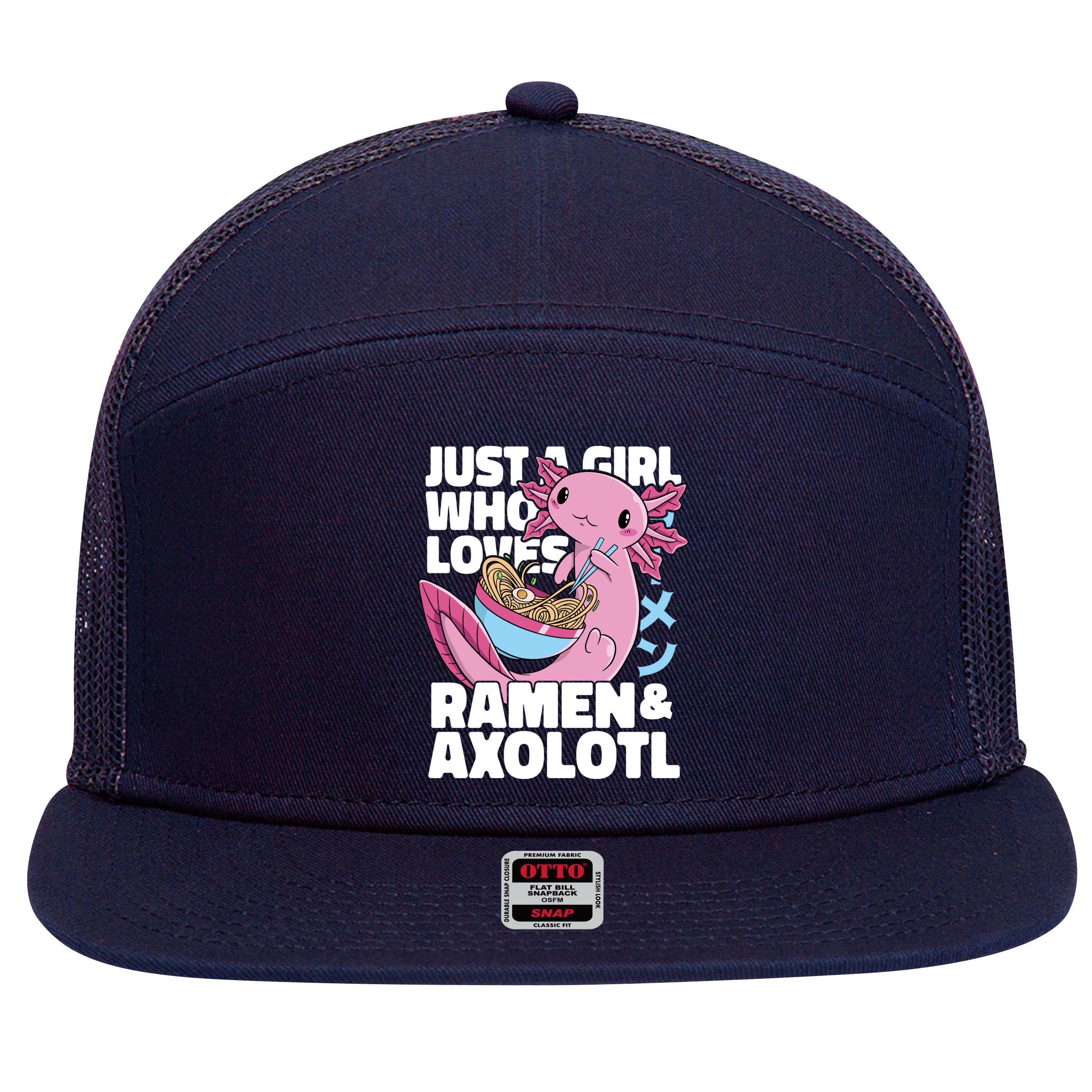 Just A Girl Who Loves Ramen & Axolotl Funny Cute 7 Panel Mesh Trucker Snapback Hat