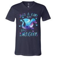 Just A Girl Who Loves Dragons Galaxy Space Dragon Cute Girls V-Neck T-Shirt