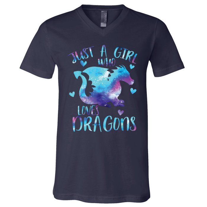 Just A Girl Who Loves Dragons Galaxy Space Dragon Cute Girls V-Neck T-Shirt