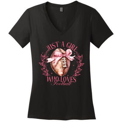 Just A Girl Who Love Football Fall Coquette Bow Women's V-Neck T-Shirt