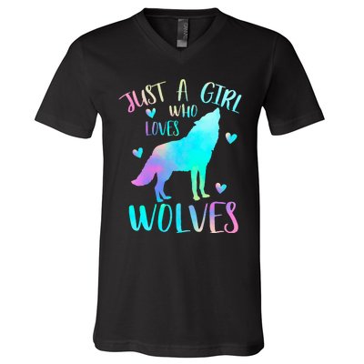 Just a Girl Who Loves wolves Watercolor Cute wolf lover V-Neck T-Shirt