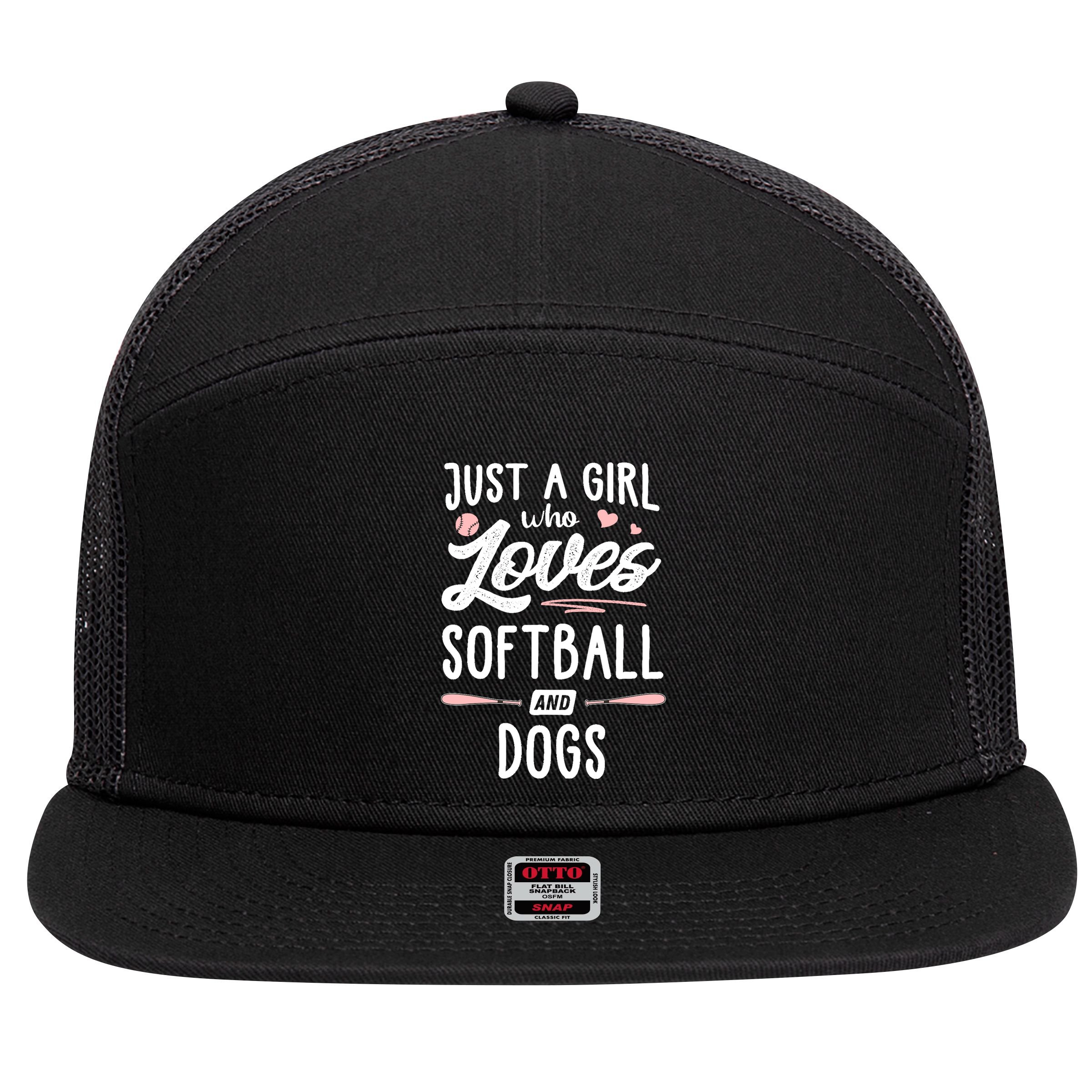 Just A Girl Who Loves Softball And Dogs Graphic Wo 7 Panel Mesh Trucker Snapback Hat