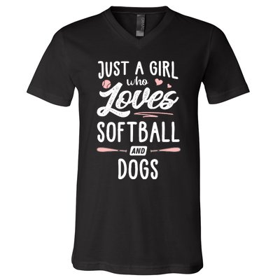 Just A Girl Who Loves Softball And Dogs Graphic Wo V-Neck T-Shirt