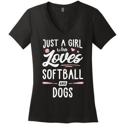 Just A Girl Who Loves Softball And Dogs Graphic Wo Women's V-Neck T-Shirt