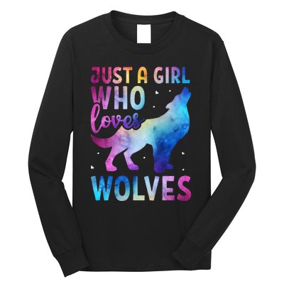 Just A Girl Who Loves Wolves Watercolor Cute Animal Lovers Long Sleeve Shirt