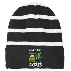 Just A Girl Who Loves Pickles Funny Vegetarian Vegan Pickle Lovers Striped Beanie with Solid Band