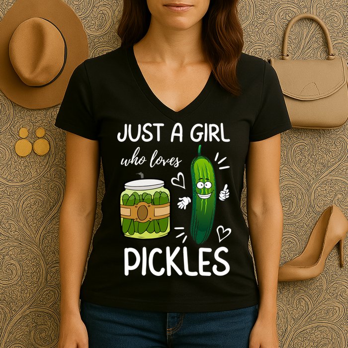 Just A Girl Who Loves Pickles Funny Vegetarian Vegan Pickle Lovers Women's V-Neck T-Shirt