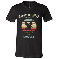 Just A Girl Who Runs On Jesus And Eagles Retro Eagle V-Neck T-Shirt