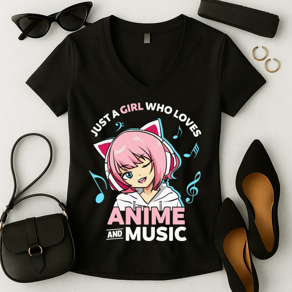 Just A Girl Who Loves Anime and Music Wo Anime Teen Girl Women's V-Neck T-Shirt