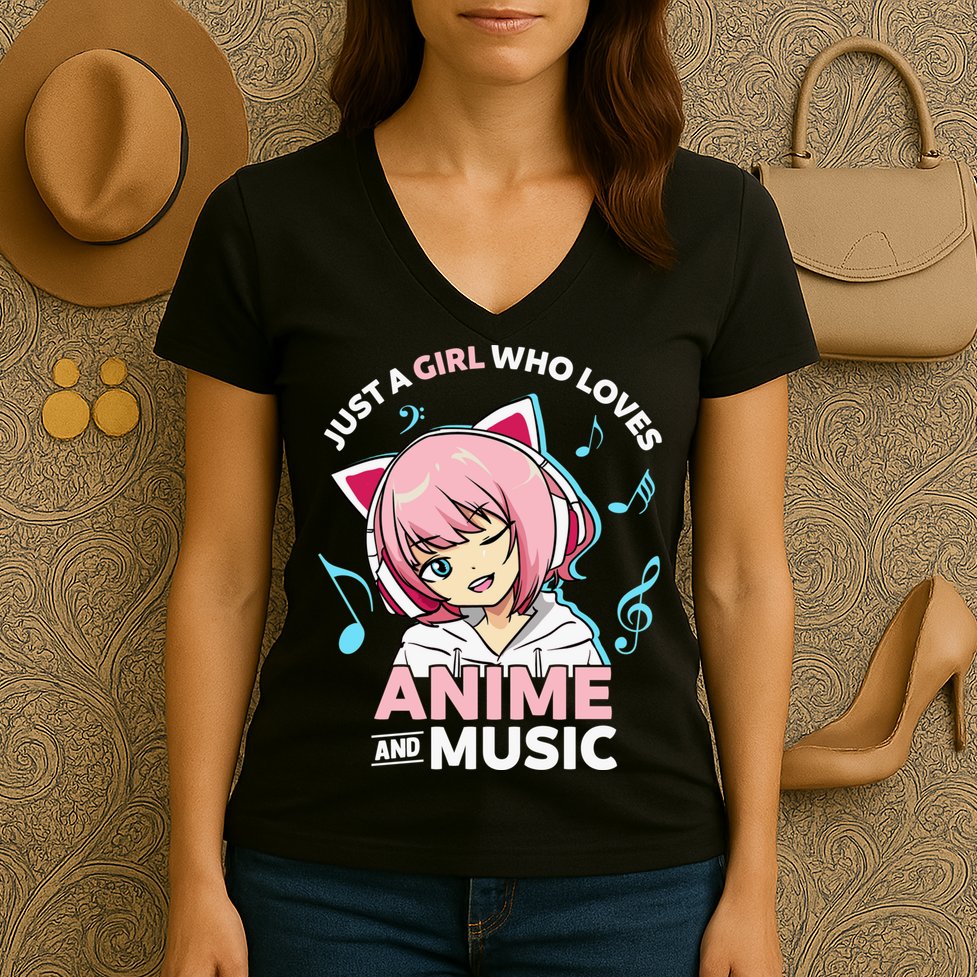 Just A Girl Who Loves Anime and Music Wo Anime Teen Girl Women's V-Neck T-Shirt