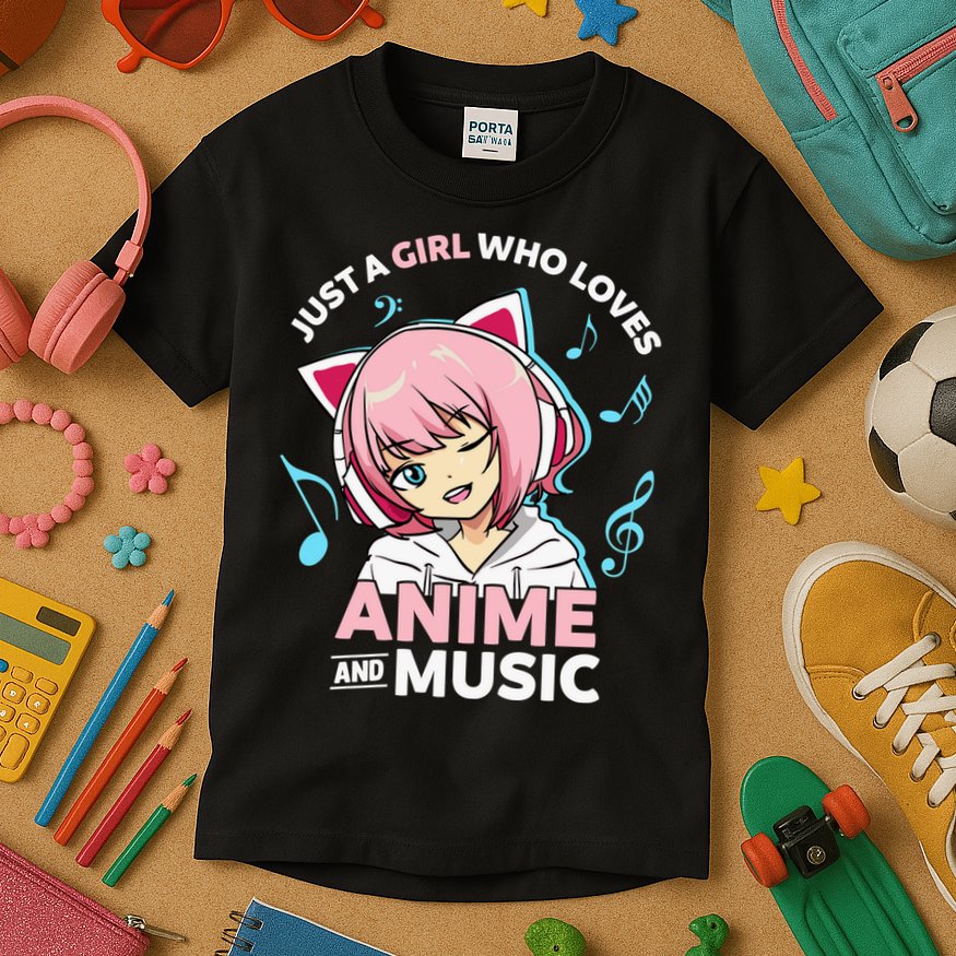 Just A Girl Who Loves Anime and Music Wo Anime Teen Girl Kids T-Shirt