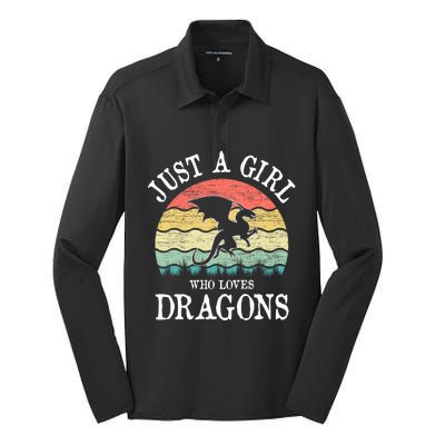 Just A Girl Who Loves Dragons Vintage Retro Silk Touch Performance Long Sleeve Polo