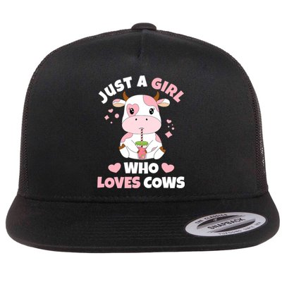 Just A Girl Who Loves Cows Cute Strawberry Cow Cowgirl Print Flat Bill Trucker Hat