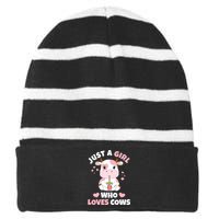 Just A Girl Who Loves Cows Cute Strawberry Cow Cowgirl Print Striped Beanie with Solid Band