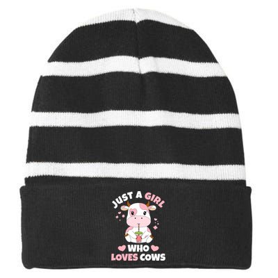 Just A Girl Who Loves Cows Cute Strawberry Cow Cowgirl Print Striped Beanie with Solid Band