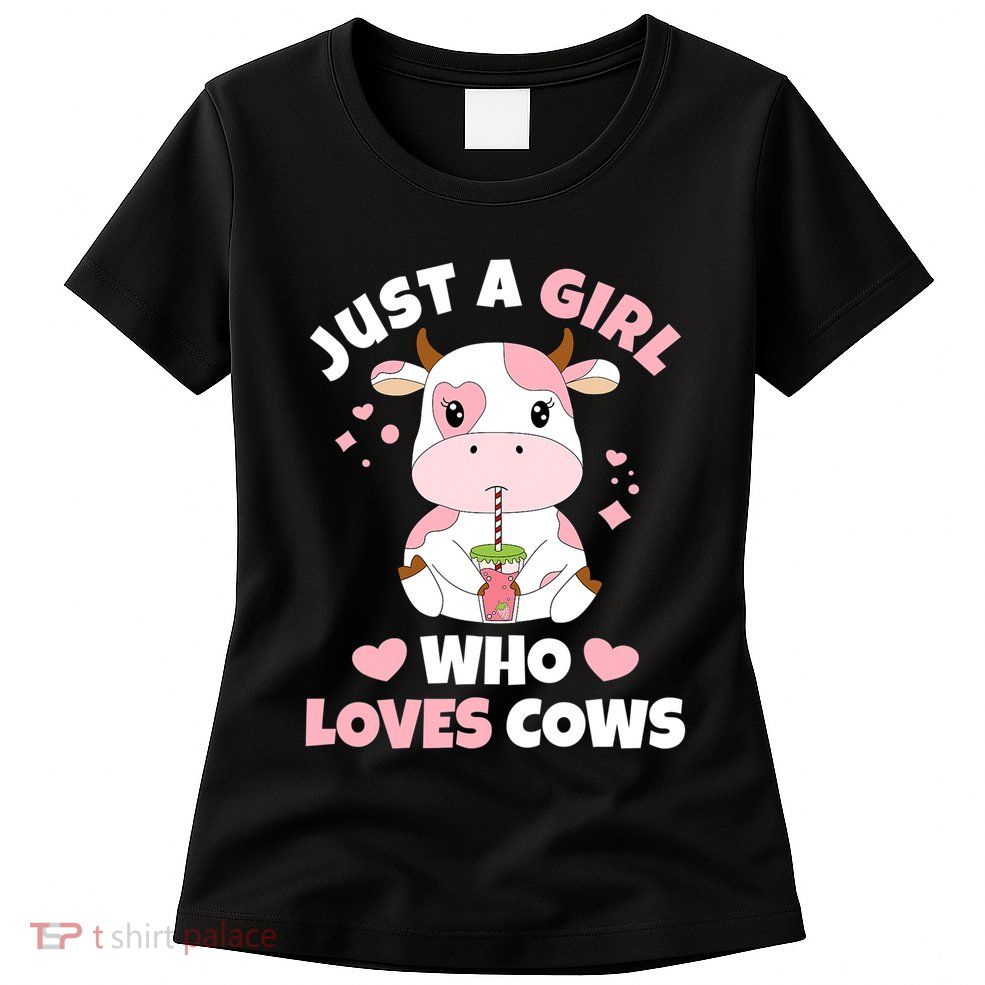 Just A Girl Who Loves Cows Cute Strawberry Cow Cowgirl Print Womens T-Shirt