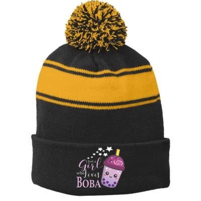 Just A Girl Who Loves Boba Tea Boba Milk Tea Bubble Tea Stripe Pom Pom Beanie