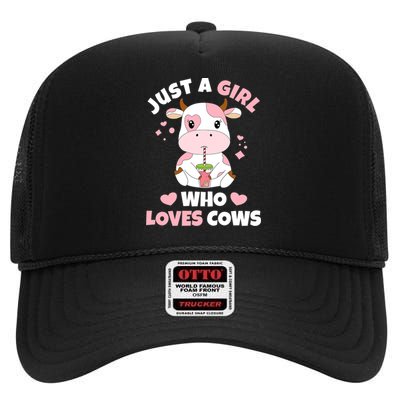 Just A Girl Who Loves Cows Cute Strawberry Cow Cowgirl Print High Crown Mesh Back Trucker Hat