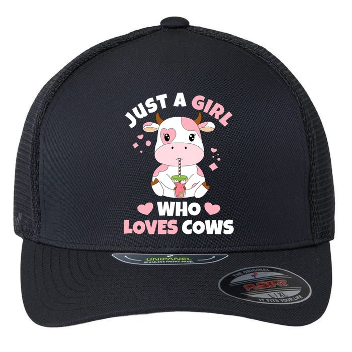 Just A Girl Who Loves Cows Cute Strawberry Cow Cowgirl Print Flexfit Unipanel Trucker Cap