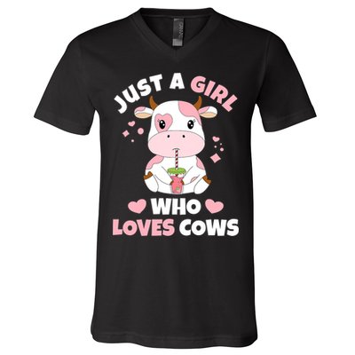 Just A Girl Who Loves Cows Cute Strawberry Cow Cowgirl Print V-Neck T-Shirt