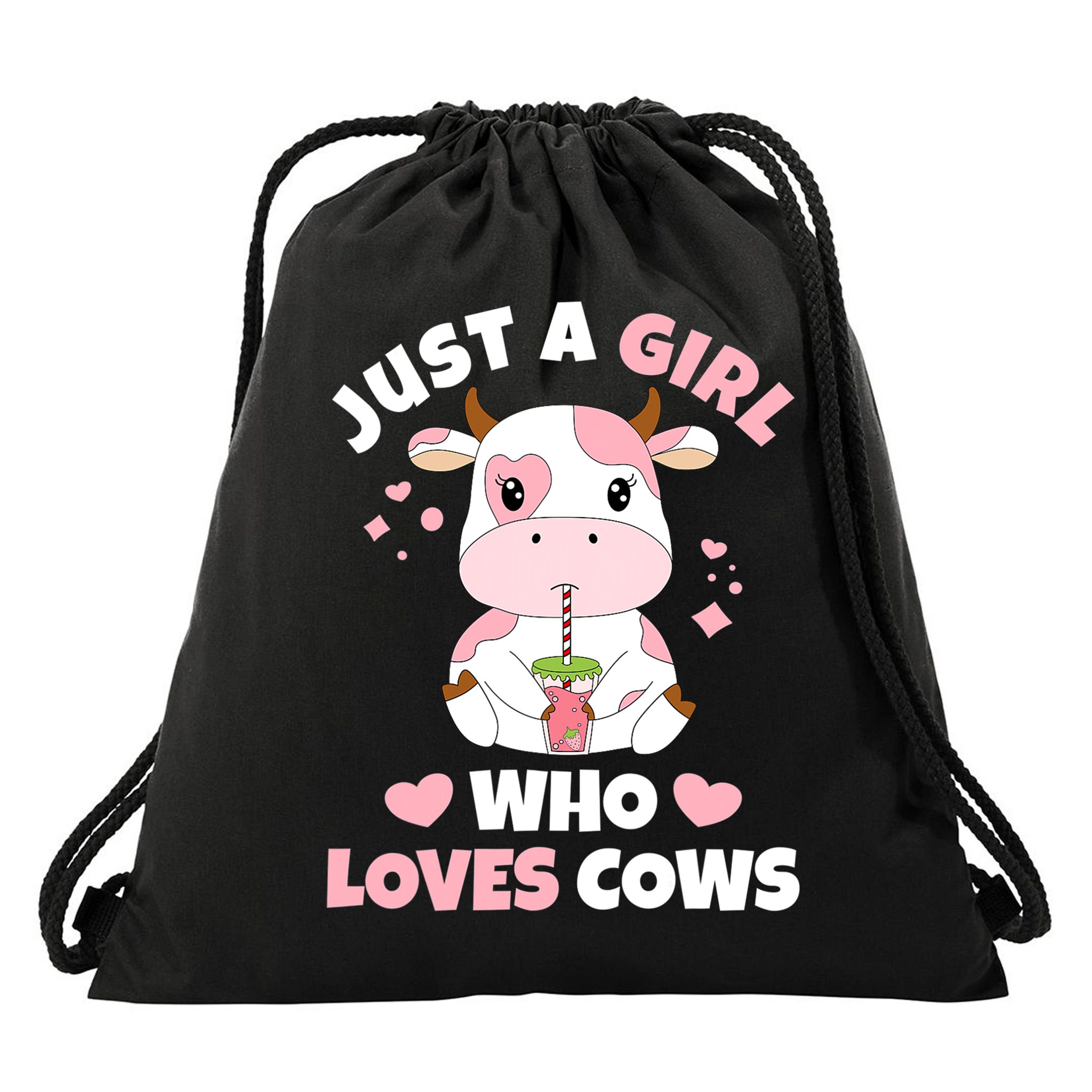 Just A Girl Who Loves Cows Cute Strawberry Cow Cowgirl Print Drawstring Bag