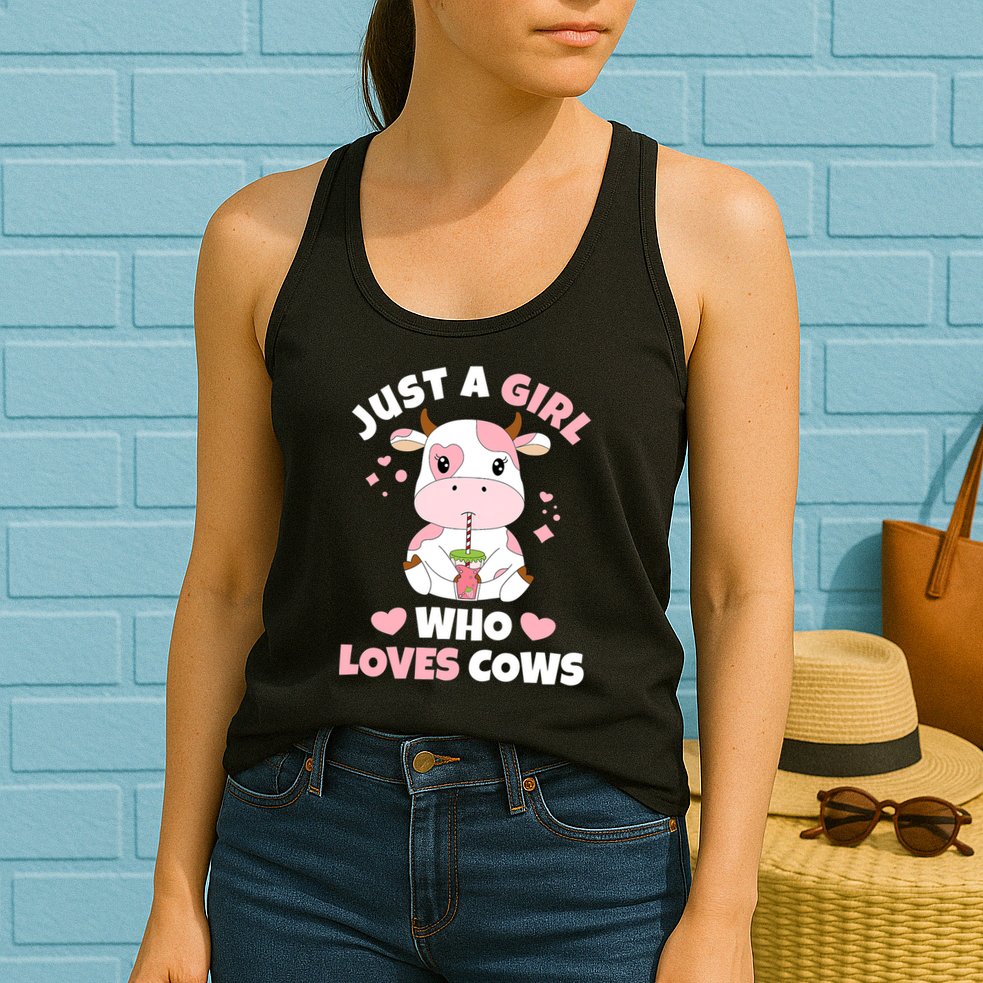 Just A Girl Who Loves Cows Cute Strawberry Cow Cowgirl Print Womens Tank Top