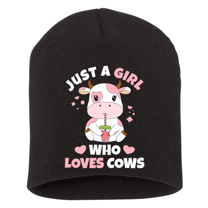 Just A Girl Who Loves Cows Cute Strawberry Cow Cowgirl Print Short Acrylic Beanie