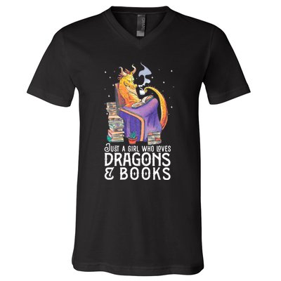 Just A Girl Who Loves Dragons & Books Book Nerds V-Neck T-Shirt