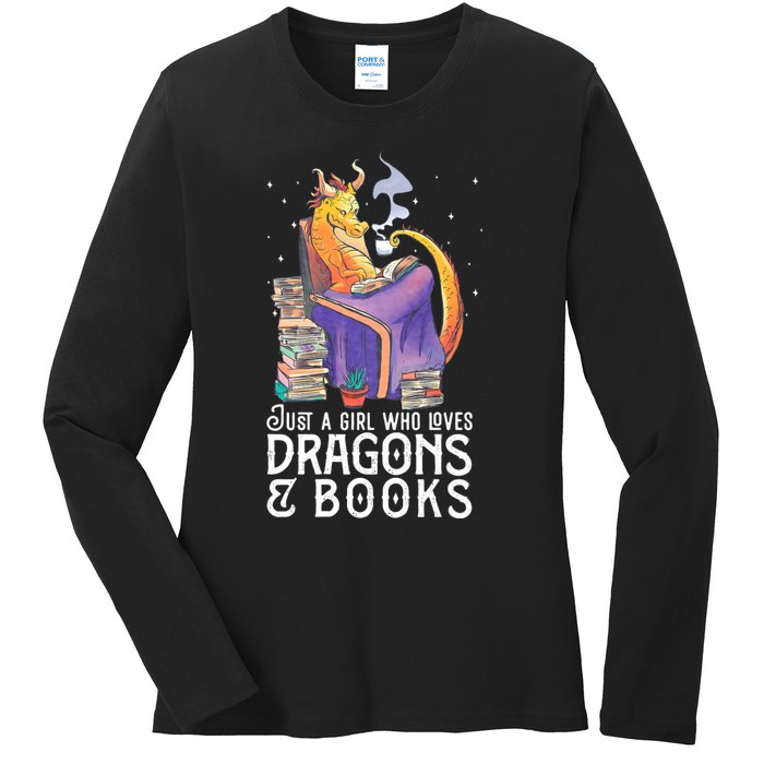 Just A Girl Who Loves Dragons & Books Book Nerds Ladies Long Sleeve Shirt