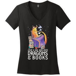 Just A Girl Who Loves Dragons & Books Book Nerds Women's V-Neck T-Shirt