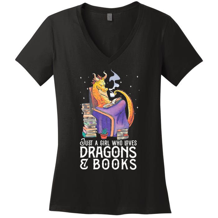 Just A Girl Who Loves Dragons & Books Book Nerds Women's V-Neck T-Shirt