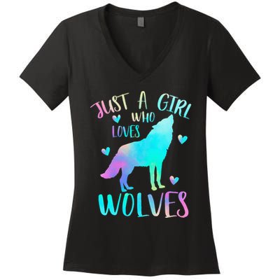 Just A Girl Who Loves Wolves Watercolor Cute Wolf Lover Women's V-Neck T-Shirt