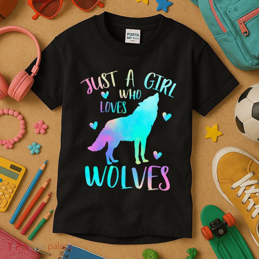 Just A Girl Who Loves Wolves Watercolor Cute Wolf Lover Kids T-Shirt