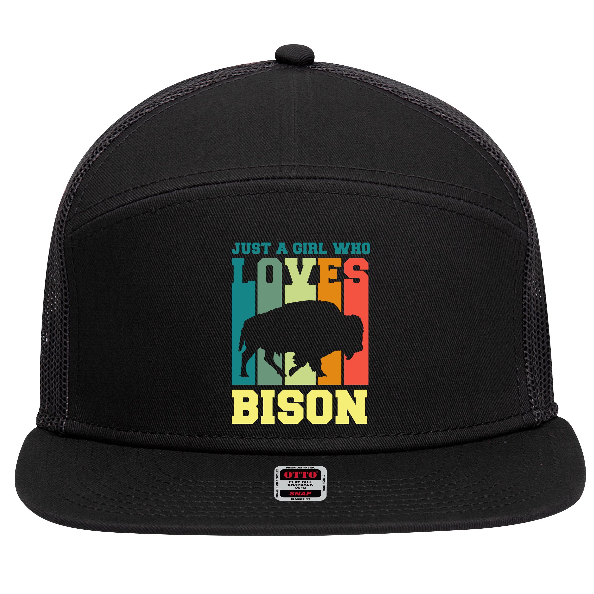 Just A Girl Who Loves Bison 7 Panel Mesh Trucker Snapback Hat