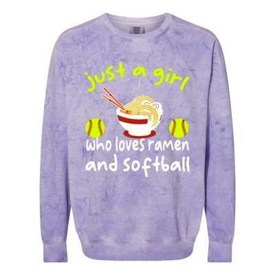 Just A Girl Who Loves Ramen And Softball Funny Softball Love Colorblast Crewneck Sweatshirt