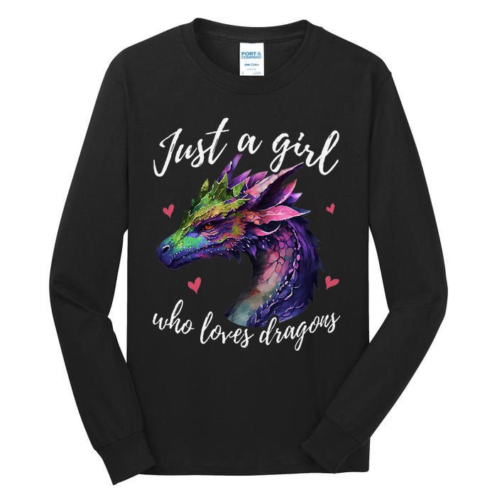 Just A Girl Who Loves Dragons Cute Dragon Watercolor Art Tall Long Sleeve T-Shirt