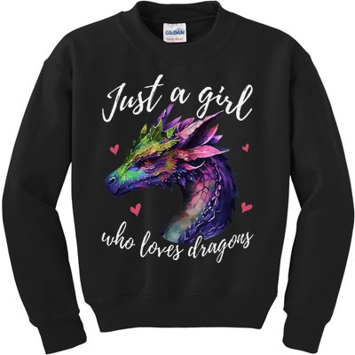 Just A Girl Who Loves Dragons Cute Dragon Watercolor Art Kids Sweatshirt