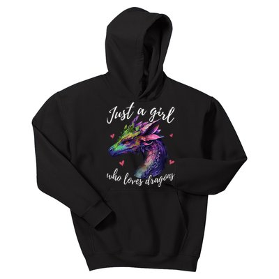 Just A Girl Who Loves Dragons Cute Dragon Watercolor Art Kids Hoodie