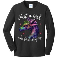 Just A Girl Who Loves Dragons Cute Dragon Watercolor Art Kids Long Sleeve Shirt