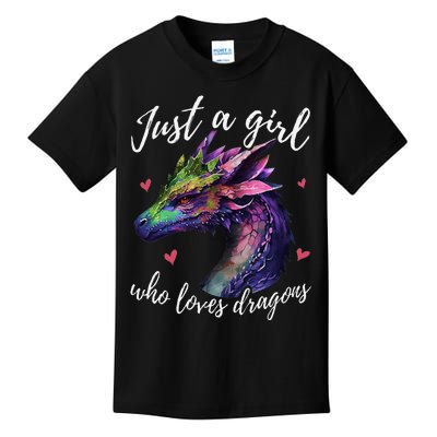 Just A Girl Who Loves Dragons Cute Dragon Watercolor Art Kids T-Shirt